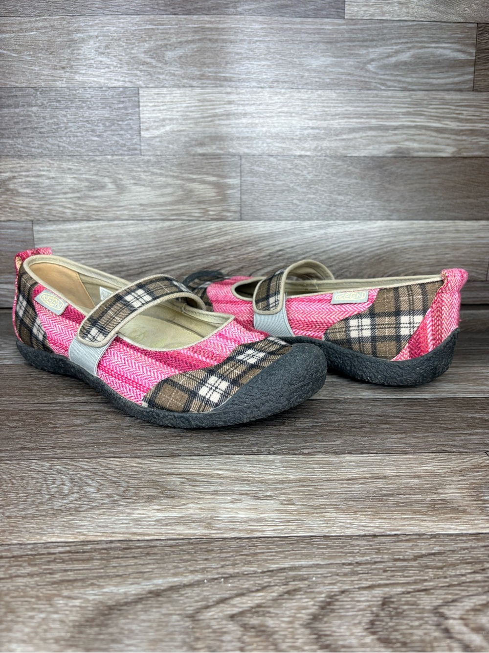KEEN Harvest  MJ II Fall Plaid Mary Janes Pink & Brown Hiking Slip On Flat 9.5